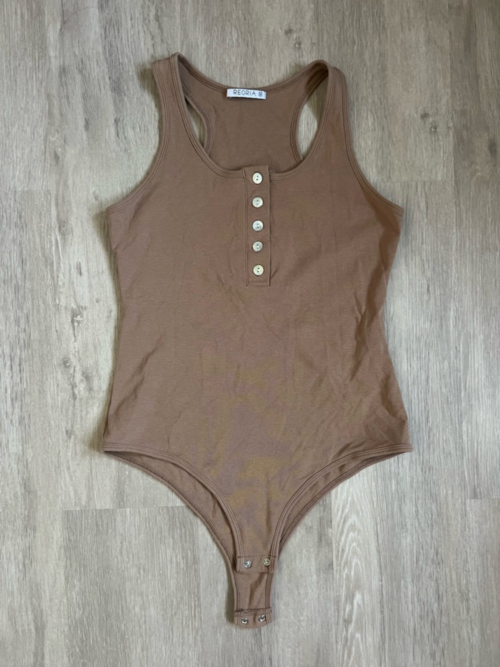 ReoRia Brown Ribbed Tank One-Piece Bodysuit with Button Placket